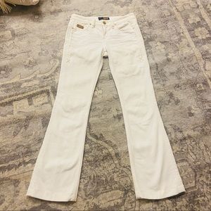 RARE! AntiK denim white flared jeans with gold foil stitching & embroidery